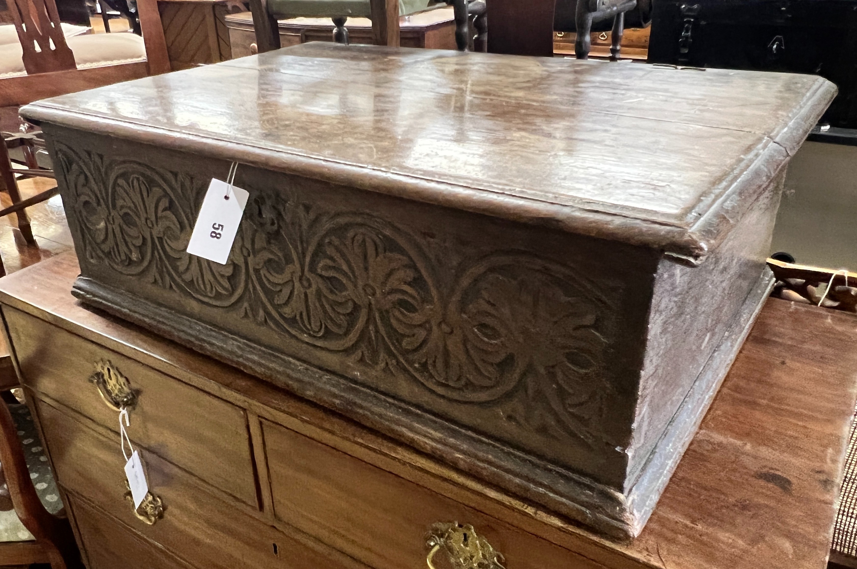 An 18th century carved oak bible box, length 76cm, depth 49cm, height 26cm